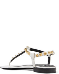 Balenciaga Studded Glossed Leather Sandals White