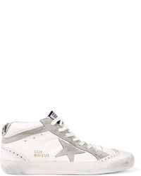 Golden Goose Deluxe Brand Mid Star Studded Distressed Suede Paneled Leather High Top Sneakers White