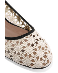 Tabitha Simmons Daria Daisy Lace Up Suede Trimmed Crocheted Ballet Flats Off White