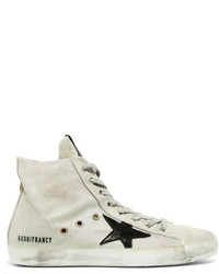 Golden Goose Deluxe Brand Francy Glittered Suede And Distressed Leather High Top Sneakers White