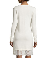 Neiman Marcus Cashmere Boat Neck Lace Hem Sweater Dress Ivory