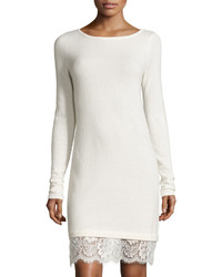 Neiman Marcus Cashmere Boat Neck Lace Hem Sweater Dress Ivory