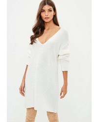 Missguided Tall Cream V Neck Front Ribbed Sweater Dress
