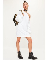 Missguided White One Shoulder Balloon Sleeve Sweater Dress