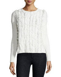 1 STATE 1state Fitted Ribbed Sweater With Fringe Trim Ivory