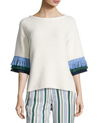 Tory Burch Kingston Tri Color Fringe Sleeve Sweater Whitebluegreen