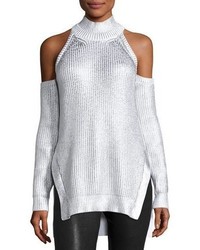 Thierry Mugler Metallic Mock Neck Cold Shoulder Sweater White