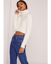 Missguided Cream Fluffy Turtle Neck Cropped Sweater