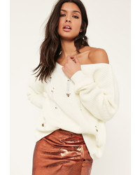 Missguided White Distressed Off The Shoulder Sweater