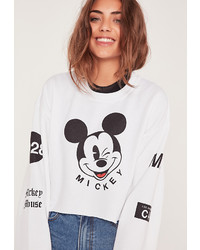 Missguided Wink Mickey Mouse Cropped Sweatshirt White