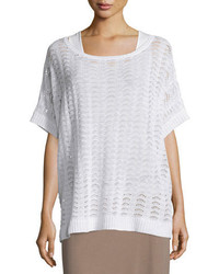 Joan Vass Short Sleeve Scalloped Easy Sweater White Plus Size