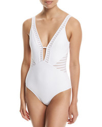 Jets By Jessika Allen Parallels Plunge V Neck One Piece Swimsuit White