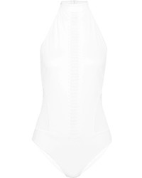 JONATHAN SIMKHAI Lace Paneled Bonded Jersey Halterneck Swimsuit White