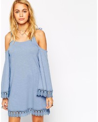 Asos Collection Swing Dress With Cold Shoulder And Flared Sleeve And Lace Trim