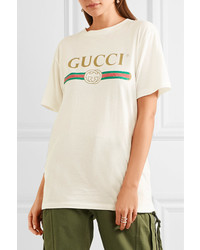 Gucci Appliqud Distressed Printed Cotton Jersey T Shirt Ivory