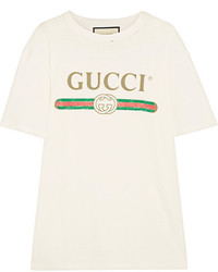 Gucci Appliqud Distressed Printed Cotton Jersey T Shirt Ivory