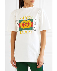 Gucci Appliqud Distressed Printed Cotton Jersey T Shirt White