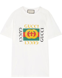 Gucci Appliqud Distressed Printed Cotton Jersey T Shirt White