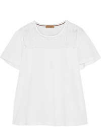 Burberry Lace Paneled Cotton Jersey T Shirt White