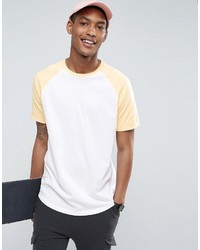 Asos Longline T Shirt With Contrast Raglan And Curved Hem In Whiteyellow