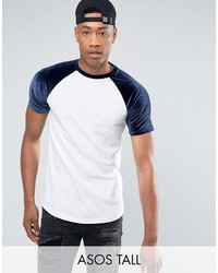 Asos Tall T Shirt With Mini Curved Hem And Contrast Velour Raglan Sleeves In Navy