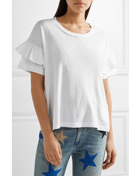 Current/Elliott The Ruffle Roadie Distressed Cotton Jersey T Shirt White
