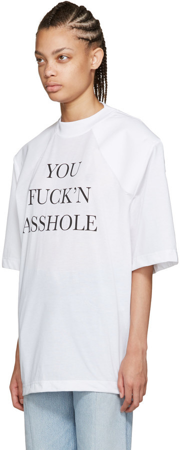 Vetements White You Fuckn Asshole Football Shoulder T Shirt, $314