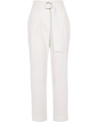 River Island White High Waisted Ring Belt Tapered Pants