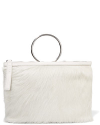 Kara Ring Textured Leather Trimmed Calf Hair Clutch Off White