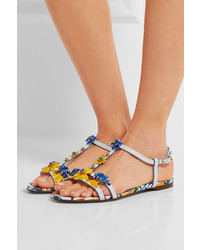 Dolce & Gabbana Appliqud Printed Textured Leather Sandals White