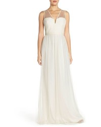 Amsale Alyce Illusion V Neck Pleat Tulle Gown