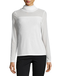 Neiman Marcus Mesh Turtleneck Long Sleeve Sweater Off White