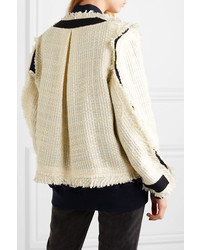 Sacai Paneled Fringed Canvas Trimmed Tweed And Shell Jacket