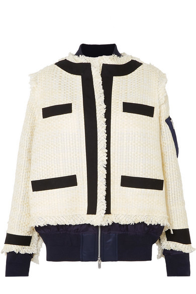 Sacai Paneled Fringed Canvas Trimmed Tweed And Shell Jacket, $576