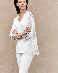 Magaschoni 34 Sleeve Lace Inset Sweater Blanc