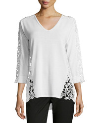 Magaschoni 34 Sleeve Lace Inset Sweater Blanc