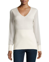 Neiman Marcus Cashmere Collection Cashmere Sheer Sleeve V Neck Top