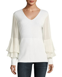 Neiman Marcus Cashmere Collection Chiffon Ruffle Sleeve V Neck Cashmere Sweater