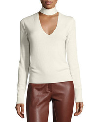 Theory Choker Collar V Front Cashmere Silk Sweater