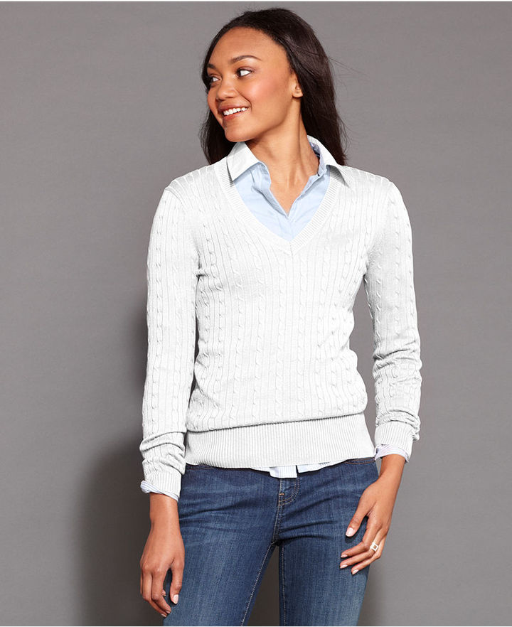 Tommy Hilfiger V Neck Cable Sweater, | Macy's | Lookastic