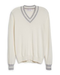 Brunello Cucinelli Stripe V Neck Cashmere Sweater