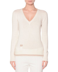 Agnona V Neck Contrast Hem Sweater Ivory