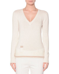 Agnona V Neck Contrast Hem Sweater Ivory