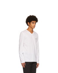 Lacoste White Logo V Neck Long Sleeve T Shirt