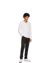 Lacoste White Logo V Neck Long Sleeve T Shirt