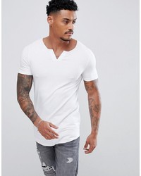 ASOS DESIGN Longline Muscle Fit T Shirt With Notch Neck And Curved Hem In White