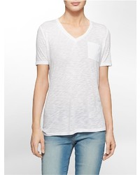 Calvin Klein Solid V Neck High Low Slub T Shirt