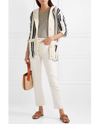 Tory Burch Hooded Fringed Striped Linen And Wool Blend Cardigan