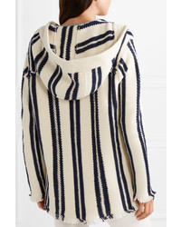 Tory Burch Hooded Fringed Striped Linen And Wool Blend Cardigan
