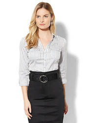 New York & Co. 7th Avenue Madison Stretch Shirt Grey Stripe Petite